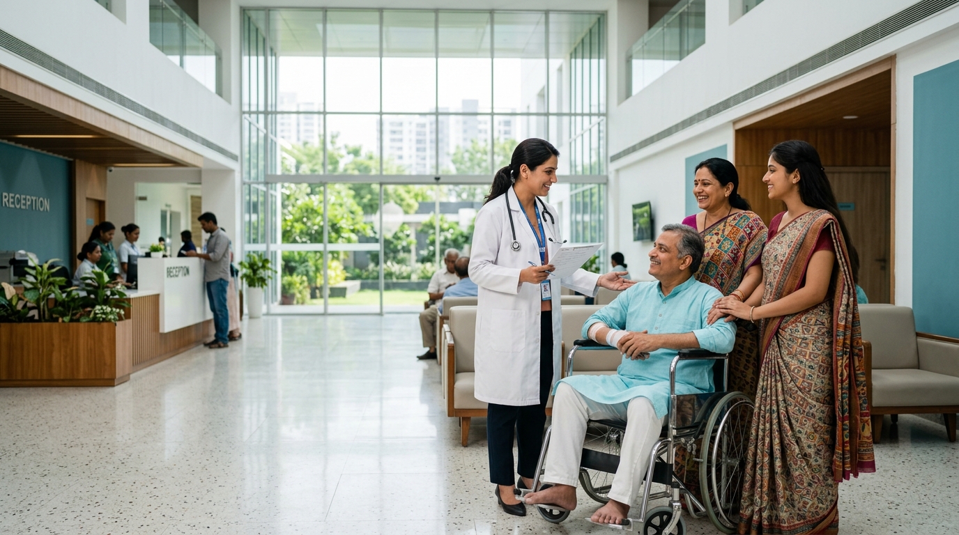 Smiling doctor with patient and family at Sukeerthi Hospital